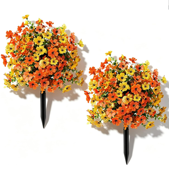 Artificial Flowers for Outdoors, UV Resistant Faux Topiary Ball Plants with Ground Stakes,22 Inch Realistic Fake Greenery Bushes, Fade Proof for Garden Porch Patio Yard Decor Orange-Yellow 2 pack