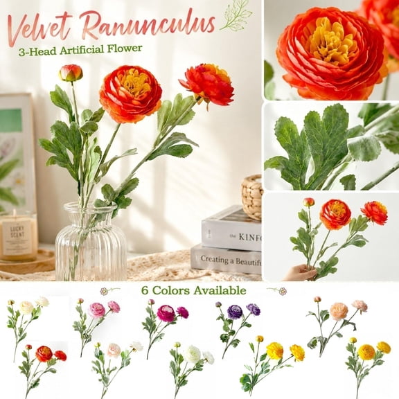 Artificial Flowers, Pink Artificial Flowers, Floral Stems, Faux Flowers, 3 Heads Flocked Light Pink Ranunculus Asiaticus Fake Flower Stems, Texture, No Maintenance Required for