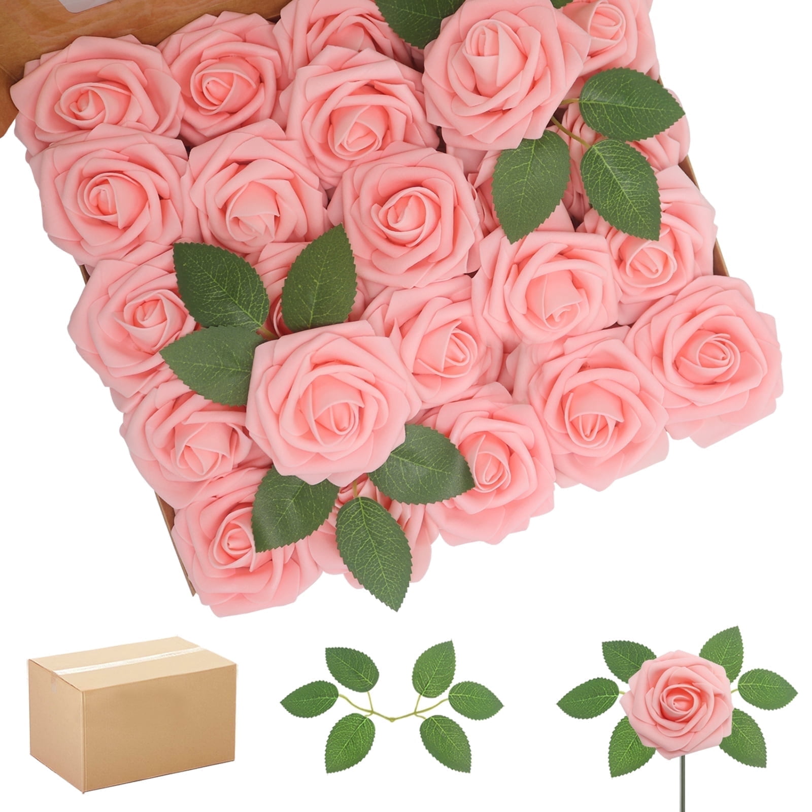 Artificial Flowers Pink Roses 200PCS Real Looking Foam Fake Roses with Leaves and for DIY Wedding Bouquets Bridal Shower Centerpieces Party Decorations