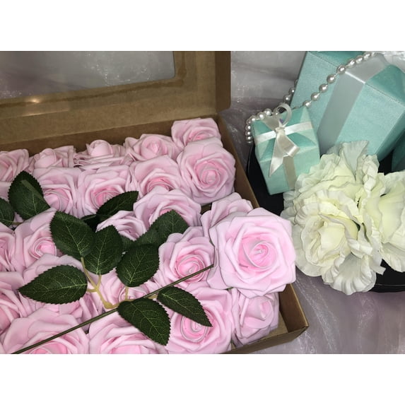 Artificial Flowers Pink Roses 25pcs Real Looking Fake W/Stem Rose Head Wedding