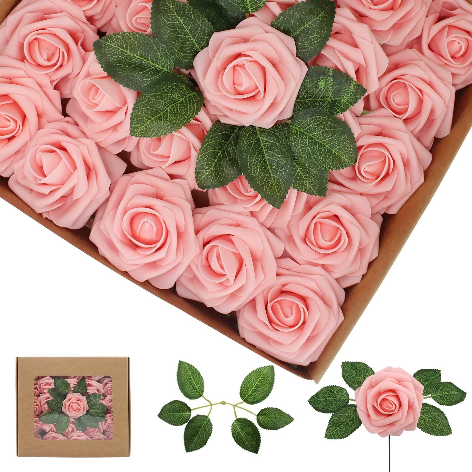 Artificial Flowers Pink Roses 50PCS Real Looking Foam Fake Roses with ...