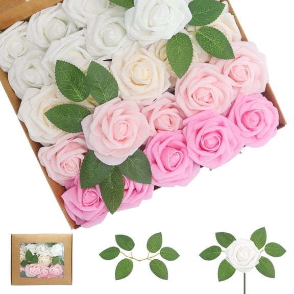 Artificial Flowers Pink Series Roses 25PCS Real Looking Foam Fake Roses with Leaves and for DIY Wedding Bouquets Bridal Shower Centerpieces Party Decorations