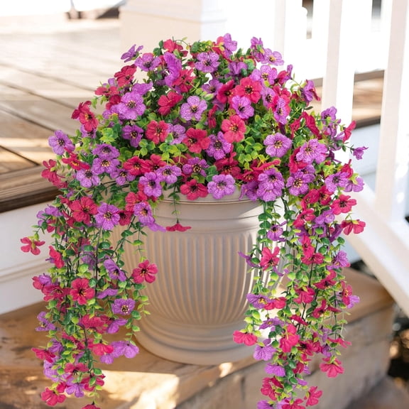 Scidweet Artificial Flowers Outdoors, 2 Pcs Hanging Fake Flowers Faux Silk Spring Summer Decoration for Home Garden Porch, Purple Red