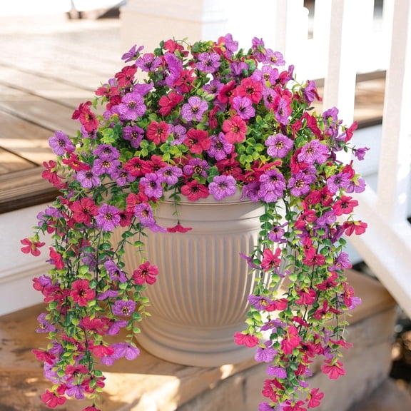Scidweet Artificial Flowers Outdoors, 2 Pcs Hanging Fake Flowers Faux Silk Spring Summer Decoration for Home Garden Porch, Purple Red