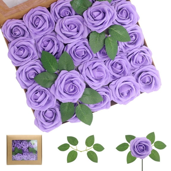 Artificial Flowers Purple Roses 25PCS Real Looking Foam Fake Roses with Leaves for DIY Wedding Bouquets Bridal Shower Party Decorations