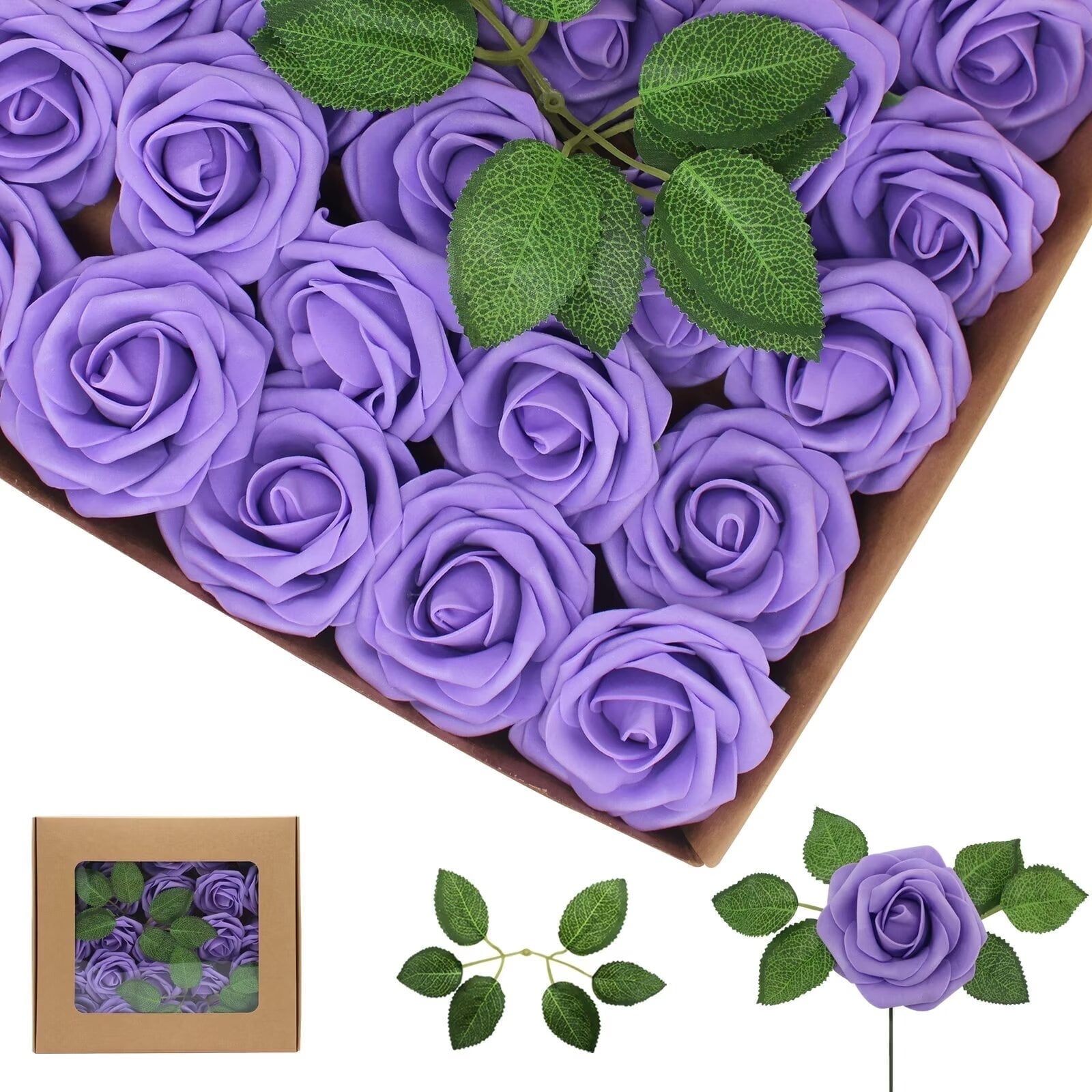Artificial Flowers Purple Roses 25PCS Real Looking Foam Fake Roses with ...