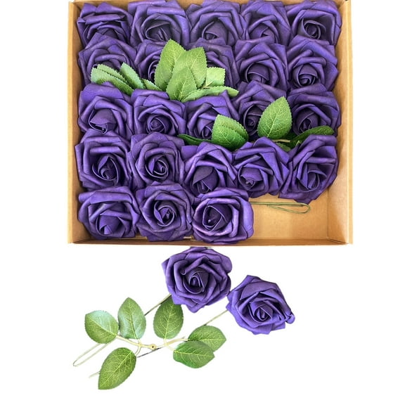 Artificial Flowers Purple Roses 25pcs Real Looking Fake W/Stem Rose Head Wedding