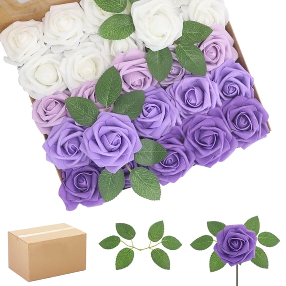 Artificial Flowers Purple Series Roses 200PCS Real Looking Foam Fake Roses with Leaves and for DIY Wedding Bouquets Bridal Shower Centerpieces Party Decorations