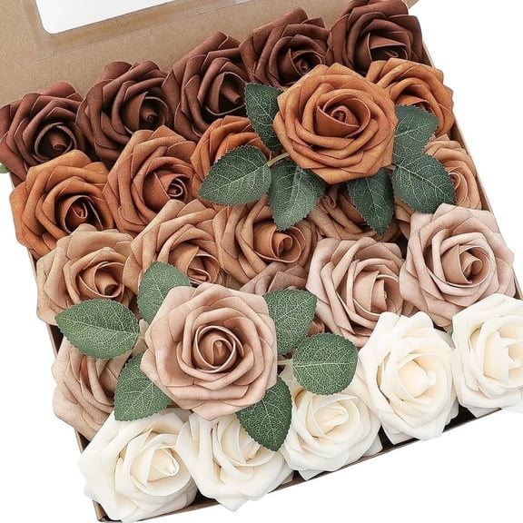 25Pcs Blue Roses Artificial Flowers, Brown Shades Fake Roses Real Looking Foam Rose Bulk with Stem for DIY Wedding Bouquets Centerpieces Floral Arrangements Bridal Shower Party Home Decor