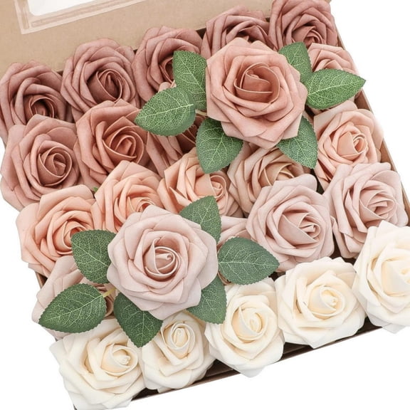 Artificial Flowers 25pcs Real Looking Morandi Peach Ombre Colors Foam Fake Roses with Stems for DIY Wedding Bouquets Bridal Shower Floral Centerpieces Party Tables Home Decorations
