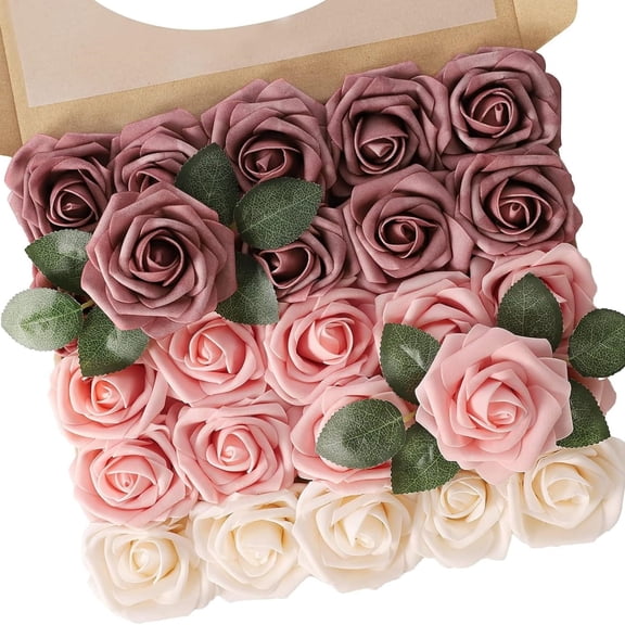 Artificial Flowers 25pcs Real Looking Dusty Rose Ombre Colors Foam Fake Roses with Stems for DIY Wedding Bouquets Bridal Shower Centerpieces Floral Arrangements Party Tables Home Decorations