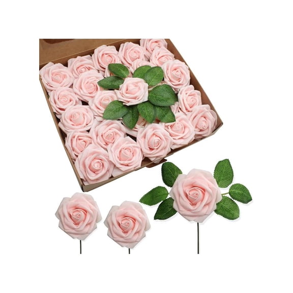 Artificial Flowers Realistic Roses, 25pcs Real Looking Fake Roses with Stem for DIY Wedding Bouquets (25pcs, Light Pink)