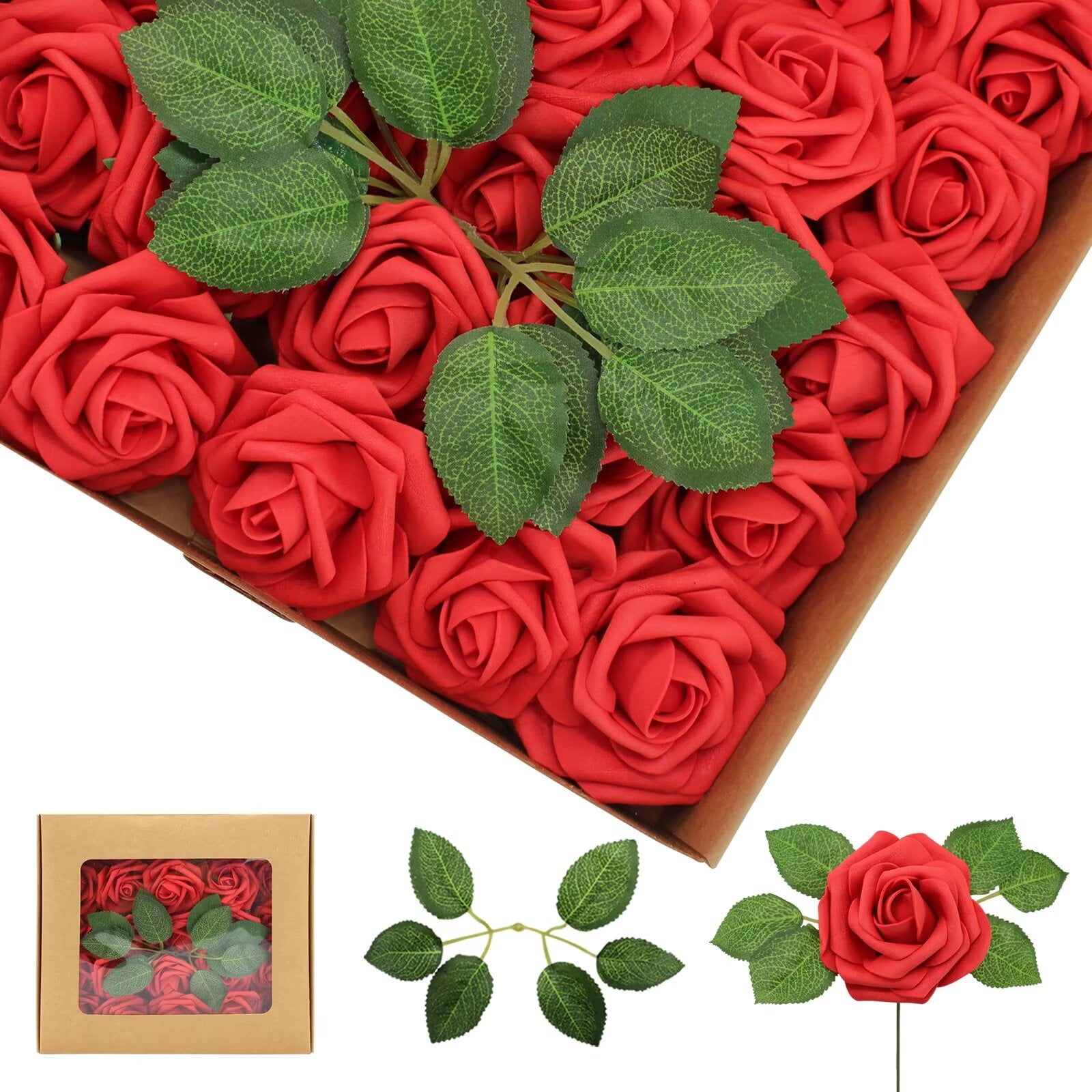 Artificial Flowers Red Roses 50PCS Real Looking Foam Fake Roses with ...