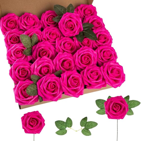 Artificial Flowers Red Roses Scheam 25Pcs Real Looking Fake Flowers Foam Roses w/Twig DIY Wedding Bouquets Centerpieces Baby Shower Party Home Decorations(Rose Red)