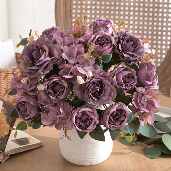 Artificial Flowers Rose Artificial Flower Creative Bouquet Natural Decoration Dining Table Coffee Table Floral Decoration (Purple)