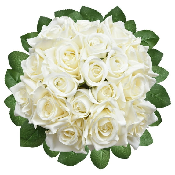 Artificial Flowers Rose Bouquet 2 Pack Fake Flowers Silk Plastic Artificial White Roses 18 Heads Bridal Wedding Bouquet for Home Garden Party Wedding Decoration (White)