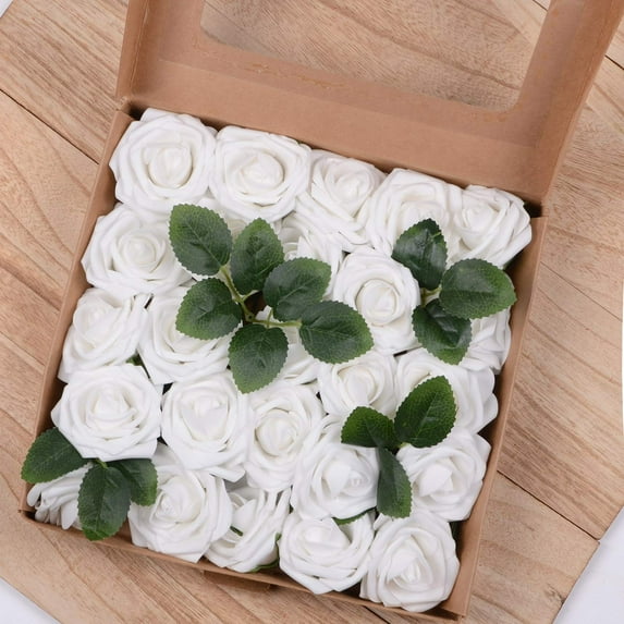 Artificial Flowers Roses,25pcs Real Touch Fake Roses With Stems for DIY Wedding Bouquets Centerpieces Arrangements Birthday Baby Shower Home Party Decorations (White)