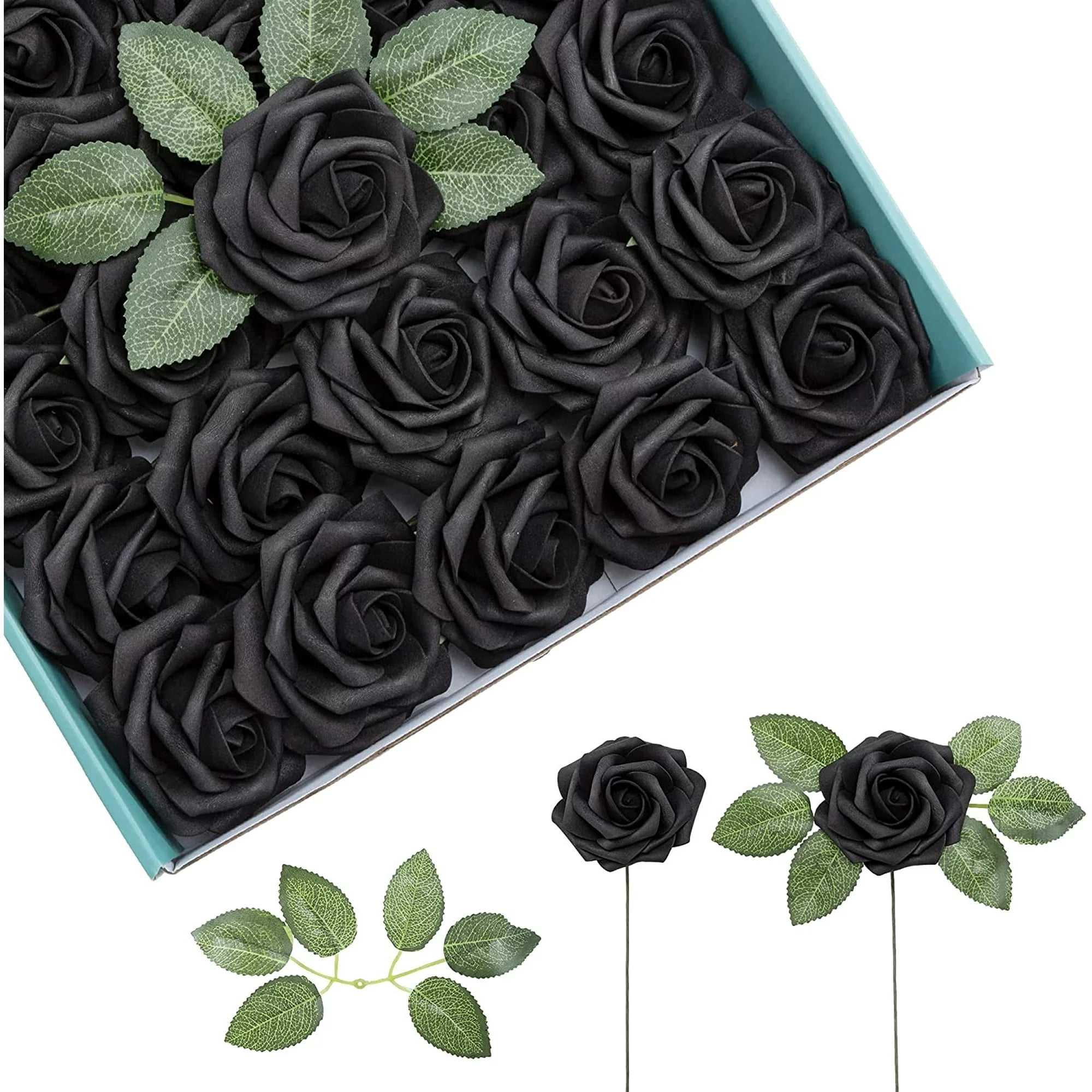Artificial Flowers Roses, 50 Pcs Black Fake Roses with Stems Faux ...