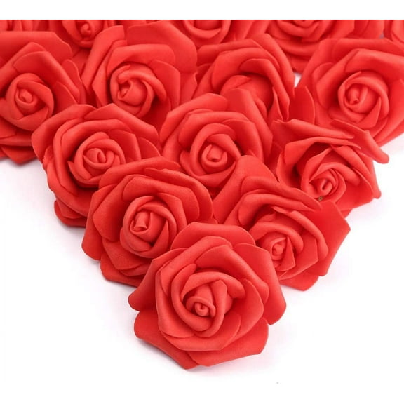 Artificial Flowers Roses Flower Heads Coral Red Foam Fake Roses for DIY Craft Wedding Centerpieces Arrangements Party Baby Shower Cake Decor Home Decorations (Red, Stemless)