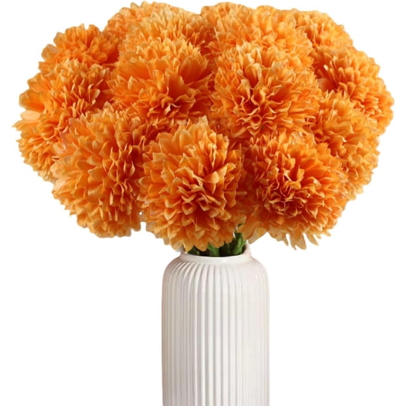 Artificial Flowers Silk Faux Ball Chrysanthemum, 12PCS Fall Flowers Artificial Orange Flowers Faux Mums Bouquet for Autumn Home Decor, Fall Floral Arrangements, Thanksgiving Centerpiece (12, Orange)