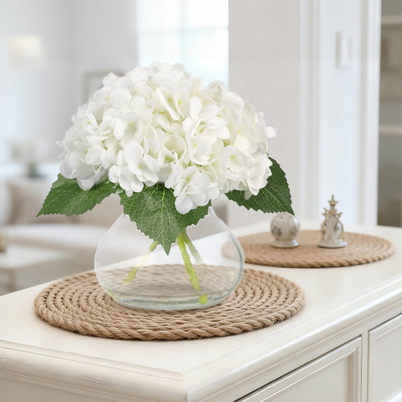 Artificial Flowers Silk Hydrangeas in Vase - Fake Flower Arrangement with Faux Water for Home Wedding