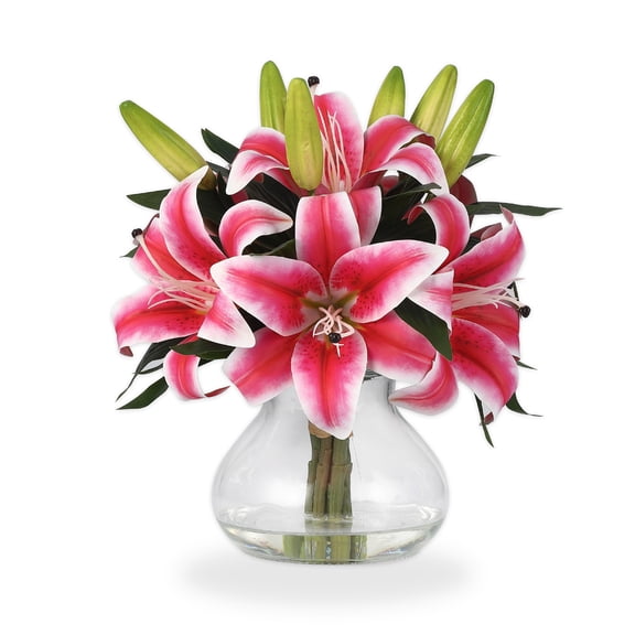 Artificial Flowers Silk Lily Bouquet - 6 Stems with Glass Vase, Realistic Home & Wedding Decor