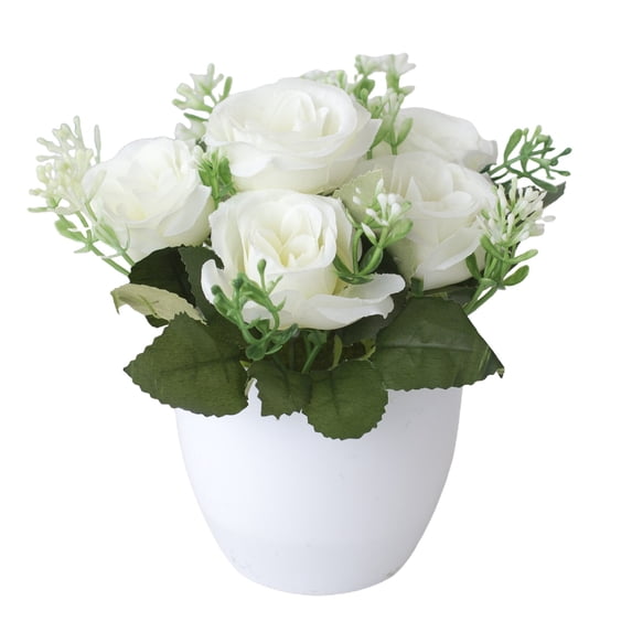 Artificial Flowers, Silk Roses in Pot, Fake Flowers Bouquet Decoration in Ceramics Vase Faux Floral Arrangement for Table Centerpieces Spring Decor Home Office Farmhouse (1Pcs) White