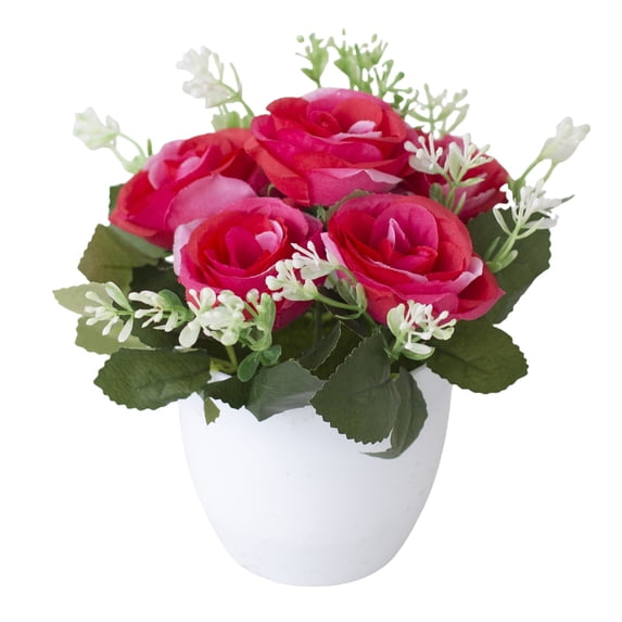 Artificial Flowers, Silk Roses in Pot, Fake Flowers Bouquet Decoration in Ceramics Vase Faux Floral Arrangement for Table Centerpieces Spring Decor Home Office Farmhouse Hot Pink