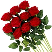 Artificial Flowers Silk Roses Real Touch Bridal Wedding Bouquet for Home Garden Party Floral Decor 10 Pcs Blooming Rose - Gradient Burgundy Red