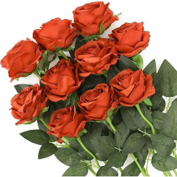 Artificial Flowers Silk Roses Real Touch Bridal Wedding Bouquet for Home Garden Party Floral Decor 10 Pcs (Blooming Rose - Gradient Burgundy Red)