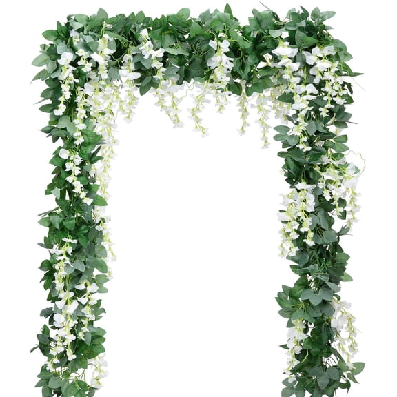 Artificial Flowers Silk Wisteria Vine 5pcs 6.6ft/Piece Wisteria Artificial Plants Greenery Fake Hanging Vines Green Leaf Garland for Wedding Kitchen Home Party Decor (White)