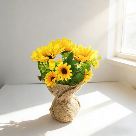 Artificial Flowers Sunflower Linen Burlap Pot Faux Flowers For Rustic Farmhouse Table Centerpiece Small Potted Decorative GreeneryAs Shown