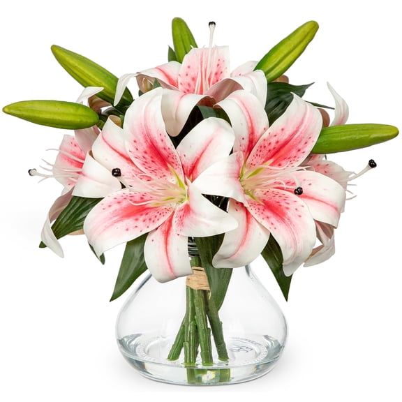 Artificial Flowers Tiger Lily with Vase Pink Lilies Silk Faux Flowers Arrangements in Glass Vase with Faux Water Fake Floral Arrangement Home Decor Office Table Centerpiece Decoration