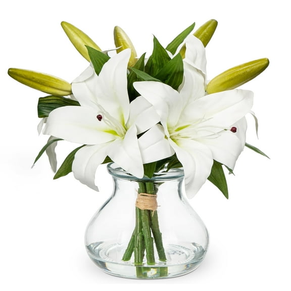 Artificial Flowers Tiger Lily with Vase White Lilies Silk Faux Flowers Arrangements in Glass Vase with Faux Water Fake Floral Bulk Bouquet for Home Decor Office Table Centerpiece Decoration