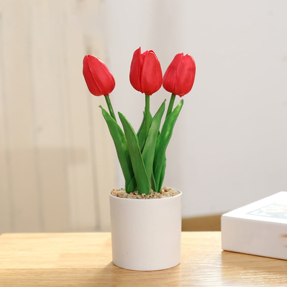 Artificial Flowers Tulip Potted Fake Plants Tree In Pot Home Wedding Party Decor