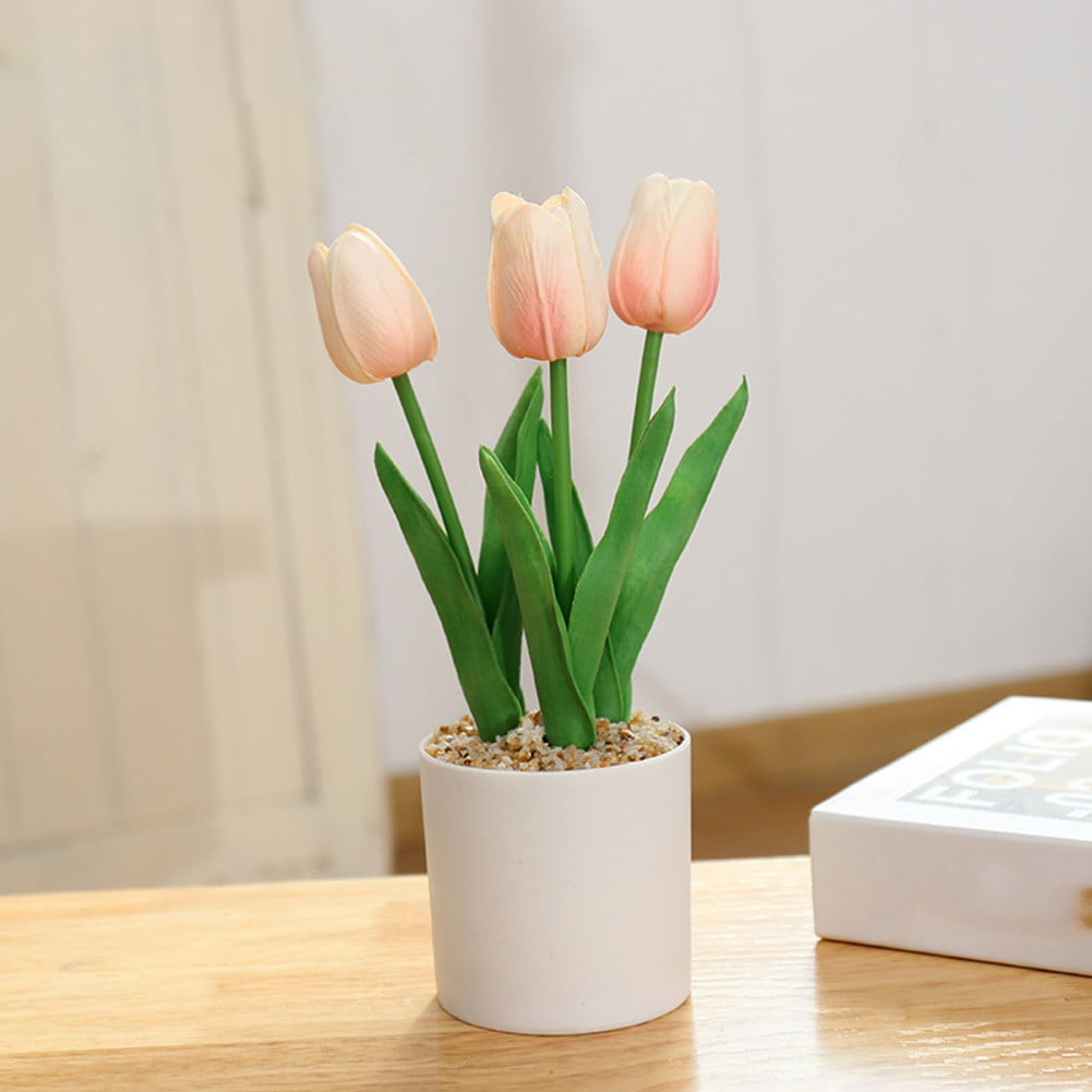 Artificial Flowers Tulip Potted Fake Plants Tree In Pot Home Wedding Party Decor