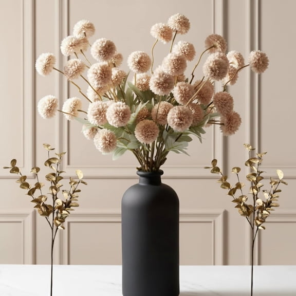 Artificial Flowers for Vase - Beige Silk Mums 10 Long Stems with Euc , Faux Flowers Home Decor, Neutral Tan Cream Floral Arrangement, Fake Chrysanthemum Pom Pom Stems, Spring Fall Centerpiece