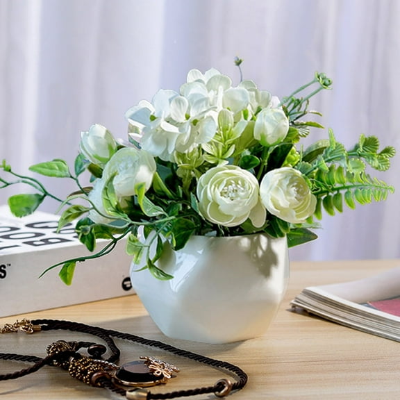 Artificial Flowers in Vase Fake Floral Arrangements, White Faux Rose Table Centerpiece Flower Decor for Home Office Kitchen Restaurant Wedding Decoration Table