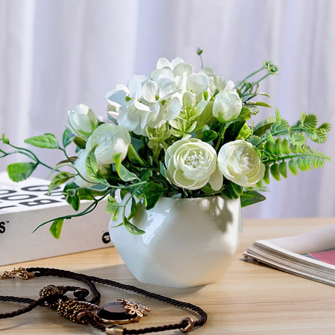 Artificial Flowers in Vase Fake Floral Arrangements, White Faux Rose Table Centerpiece Flower Decor for Home Office Kitchen Restaurant Wedding Decoration Table