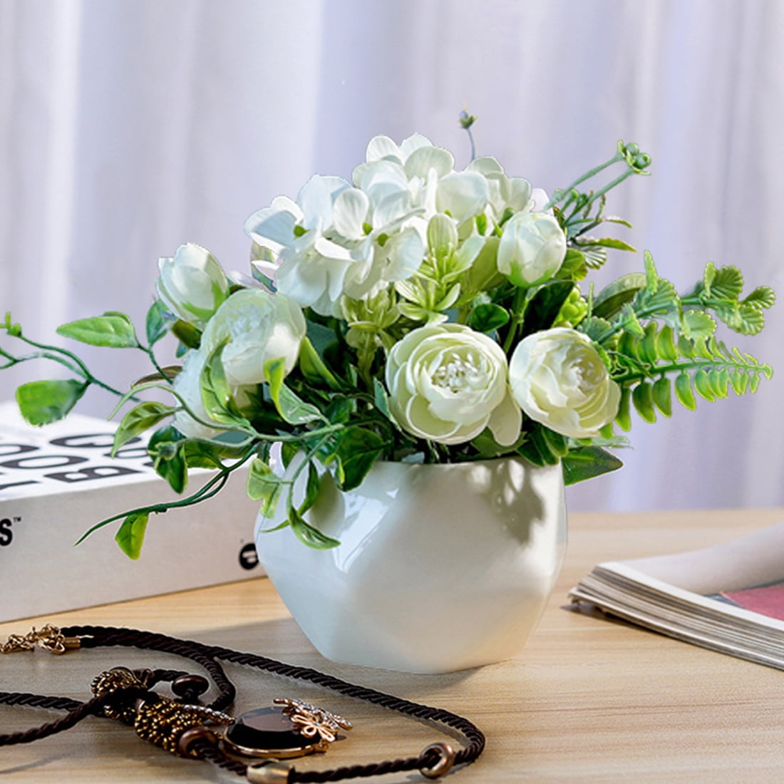 Artificial Flowers in Vase Fake Floral Arrangements, White Faux Rose Table Centerpiece Flower