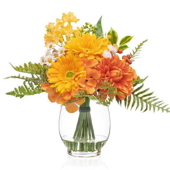 Artificial Flowers in Vase with Fake Water, Faux Dahlia & Gerbera Daisy Flower Arrangements for Spring & Summer Home Wedding Birthday Wedding Party Dining Table Decor & Gift (Yellow & Orange) Y101