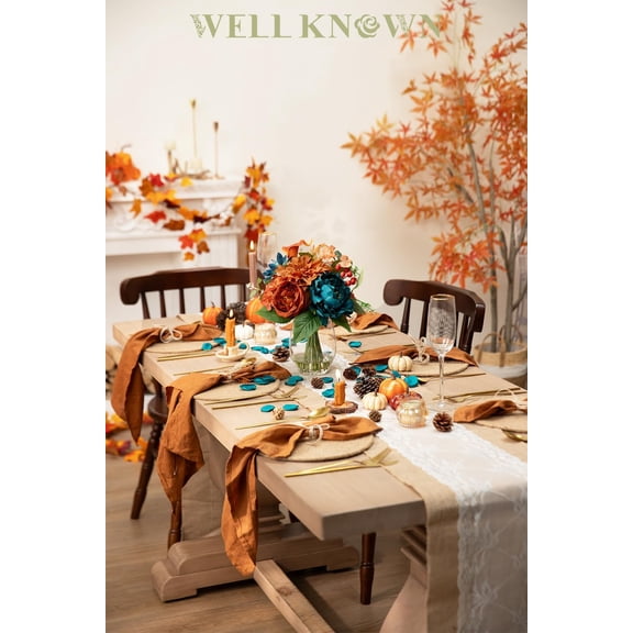 Artificial Flowers in Vase with Fake Water, Faux Silk Peony Dahlia Bouquet, Teal Burnt Orange Flowers Arrangement for Dining Table Centerpiece Wedding Party Spring Home Decor & Birthday Gift