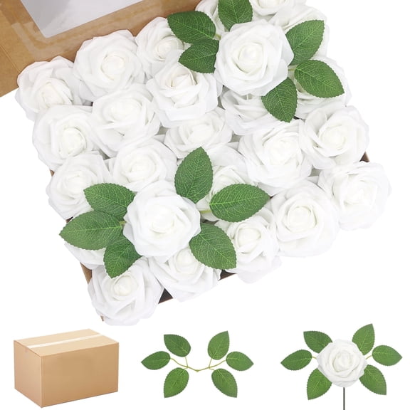 Artificial Flowers White Roses 200PCS Real Looking Foam Fake Roses with Leaves for DIY Wedding Bouquets Bridal Shower Party Decorations