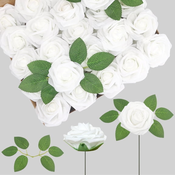 Artificial Flowers White Roses 25PCS Real Looking Foam Fake Roses with Leaves for DIY Wedding Bouquets Bridal Shower Party Decorations