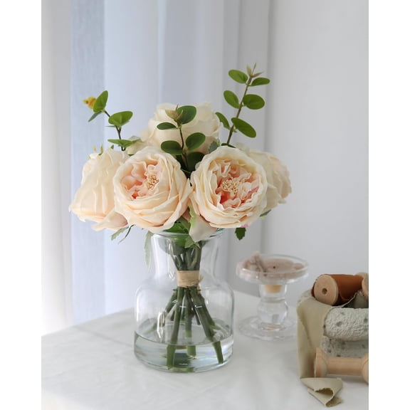 Artificial Flowers with White Roses in Vase, Fix Lifelike Fake Flowers in Vase with Artificial Water, Faux Flower Arrangements for Dining Table Centerpiece Decor