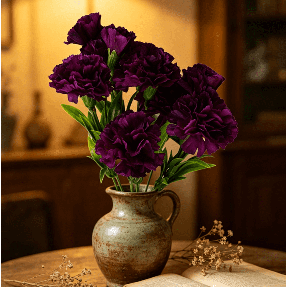 Artificial Flowers for Outdoors, 11 Head Artificial Silk Fowers Carnation Bunch for Wedding and Home Decor, Indoor/Outdoor(Dark Purple)