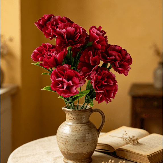 Artificial Flowers for Outdoors, 11 Head Artificial Silk Fowers Carnation Bunch for Wedding and Home Decor, Indoor/Outdoor(Wine)