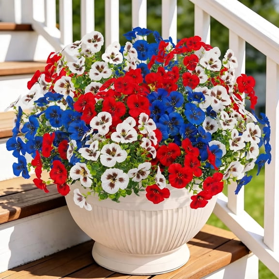 Scidweet Artificial Flowers for Outdoors, 12 Bundles UV Resistant Faux Fake Silk Pansies Patriotic Flowers for Outside Patio Garden Porch 4th of July Home Decor ( Red, White, Blue)