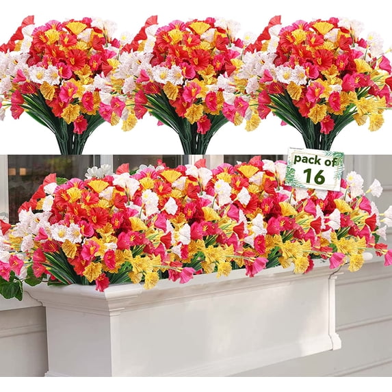 Artificial Flowers for Outdoors,16 Bundles Outdoor Fake Flowers UV Resistant Faux Silk Flowers for Outside Planters, Window Box Pot(Mix Color)