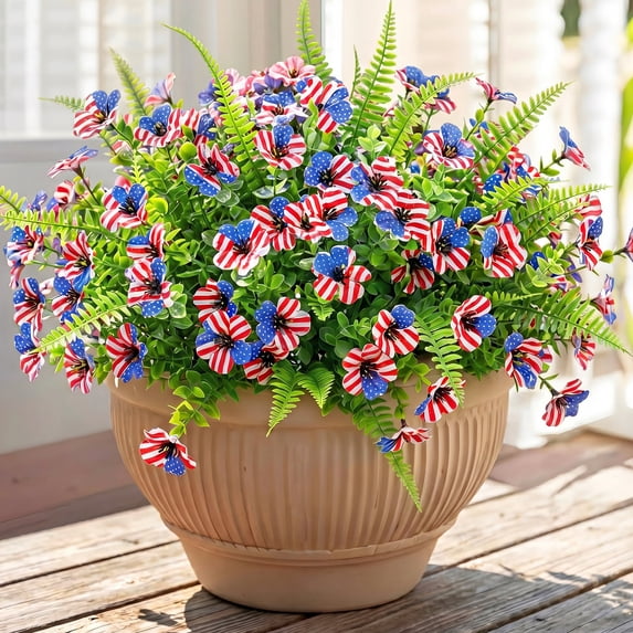 Scidweet Artificial Fake Flowers, 18 Bundles UV Resistant Faux Fake Silk Patriotic Flowers Plants for Outside Patio Garden Yard Porch 4th of July Home Decor